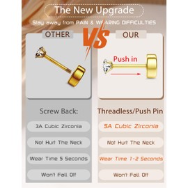 18K Gold Plated 5A Cubic Zirconia Threadless Flat Back Earrings Surgical Stainless Steel Simulated Diamond Earrings for Women Men Earrings Studs Dainty Push Pin Cartilage Earring Hypoallergenic 2-8mm