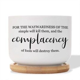 DecStic for The Waywardness of The Simple Will Kill Them Planters Ceramic Bible Verse Round Flower Pot with Drainage Holes and Bamboo Tray Pot for Succulents Cactus Garden Windowsill