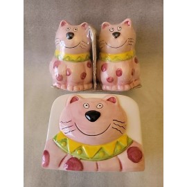 Emraled Collection Cute Cat Sal & Pepper Shackers  & Cute Cat Napkin Holder (Pink SET)    YB10