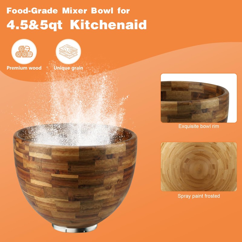 5 Qt Wood Mixing Bowl Compatible with KitchenAid Tilt-Head Stand