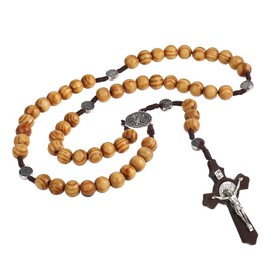 SOSPIRO Wooden Rosary Necklace Catholic Chain Cross Pendant Necklace for Men Women Communion Wooden Necklace, Zinc, Pearl