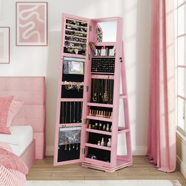 CHARMAID 360° Swivel Jewelry Armoire with Full Length Mirror, Standing Lockable Jewelry Cabinet Organizer, Large Storage Capacity, Inside Makeup Mirror, Back Storage Shelves (Pink)