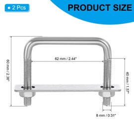PATIKIL Square U-Bolts, M8x60x60mm Square Bend U-Bolt 304 Stainless Steel Pole U Bolt with Nut Plate Washer for Boat Trailer Camping Sailboat, Pack of 2