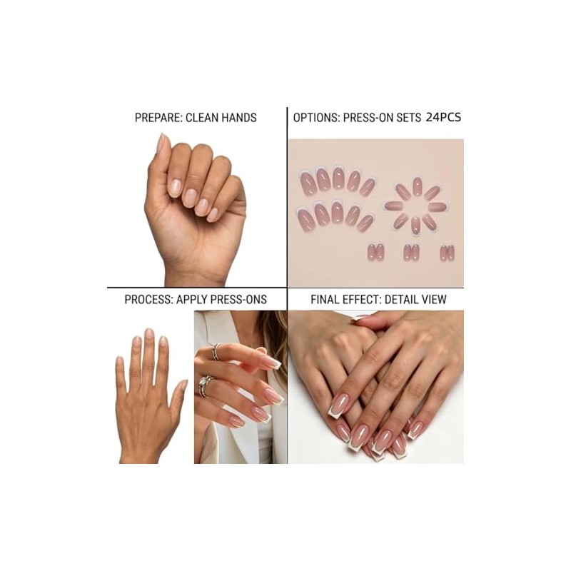 Uñas Postizas Francesas Medianas A Presión, Acabado Nude Brillante, Con
