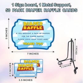 Diaper Party Game Set - Sky & Clouds - 50 Pcs Diaper Raffle Tickets, 1 Wooden Sign & 1 Iron Stand, Gender Neutral Baby Shower Game Kit For Newborn, Party Favor & Supplies - A05