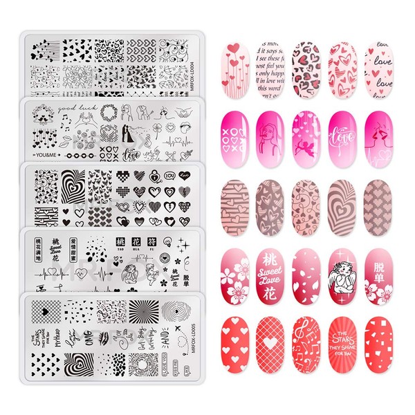 MR.FOX 5 Pcs Nail Print Board Set Valentine's Day Theme Various Hearts Cupid Electrocardiogram Nails Art Stamping Plate