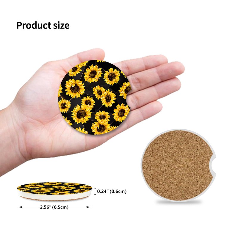 Sunflowers Absorbent Car Coasters 2 Pack for Cup Holders, 2.56"