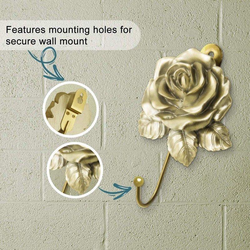 OPENDGO Rose Resin Golden Wall Hooks Wall Mounted Creative Flower