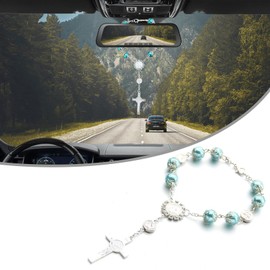 Piburth 1 PCS Car Rosary for Rearview, Cross Blessing Rear View Mirror Hanging Decors, Auto Rearview Mirror Rosary Pendant, Car Interior Hanging Accessories (Blue)