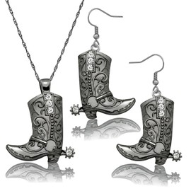 RechicGu Western West Cowgirl Cowboy Texas Boots Earrings Necklace Set, Spur Rodeo Drop Dangle Boots Earrings,Twist Link Chain Necklace with Boot Pendant,Jewelry Set,Black