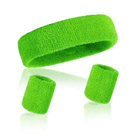 3 Pcs Green Headband and Wristbands Sweatbands Set,Retro 80s Gym Accessories, Adjustable Sweat Bands for Men & Women, Absorbent Athletic Wristbands,Yoga & Workout Gear