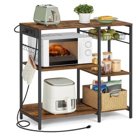 VASAGLE Baker's Rack, Coffee Bar Stand with Charging Station, 35.6 Inches Tall, Storage Shelves, Pull-Out Wire Basket, Table for Microwave, Kitchen, Rustic Brown and Ink Black UKKS036K01