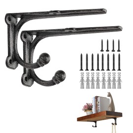 ChasBete Rustic Shelf Brackets & Supports, Black Shelf Bracket with Hook, Cast Iron Wall Shelf Brackets, Heavy Duty Brackets for Wood Shelves, 6 Inch 2 Pack