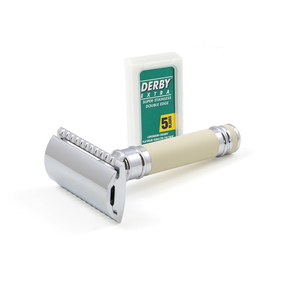 Edwin Jagger Double Edge Safety Razor, Ivory Rubber Coated, Short Handle, 5 count