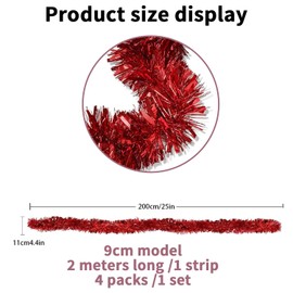 Pack of 4 Christmas Garland, Christmas Tinsel Garland, Metallic Garland Glitter Hanging Decoration for Christmas Tree Wreath Wedding Party (Red)