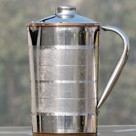 HealthGoodsAU - Stainless Steel and Copper Pitcher with Lid | Steel and Copper Pitcher with Unique Ring Design for Ayurvedic Benefits | Heavy Duty Stainless Steel and Pure Copper Designer Jug with Matching Lid