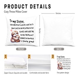 JWVK to My Sister Gifts Pillow Covers 18x18, Sisters Gifts from Sister Brother, Big Little Sister Gifts, Best Sister Gifts, Sister Gifts for Christmas Birthday, Cute Sloth Pillow Covers for Sister