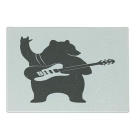 Ambesonne Bear Cutting Board, Fun Character Musician with Guitar and Hand Gesture Grunge Retro Rock n Roll, Decorative Tempered Glass Cutting and Serving Board, Small Size, Charcoal Grey White