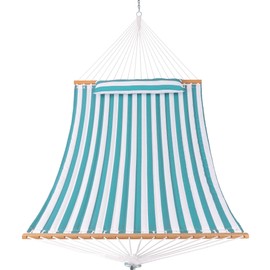 HARBOURSIDE 12FT Quilted Hammock with Spreader Bar, 2 Person Double Hammock with Pillow and Chains, Hammock for Indoor Outdoor, Bedroom Patio, 450 lbs Capacity，Cyan Stripe
