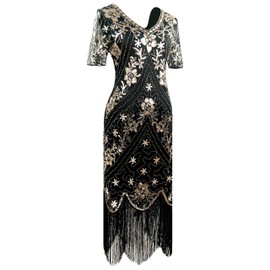 Women's 1920s Vintage Flapper Fringe Beaded Great Gatsby Party Dress w/Accessories Set (L/US 12-14, Style Short Sleeve Black Gold)