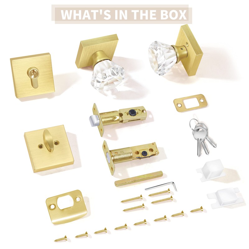 HIEMEY Satin Brass Diamond Glass Crystal Door Knob and Single