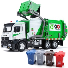 HOLYFUN 12'' Electric Garbage Truck Set with Lights & Sounds, Front Loader, Metal Cab, Friction-Powered Vehicle Cars with Dumpster, 4 Trash Bins & Sorting Cards, Play Truck Toy Kids Toddlers