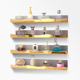 YMVV Large Golden Mirror Acrylic Wall Mounted Floating Shelf, Perfume Organizer Shelf,Modern 15.7 in Thickened Bathroom Storage Toy Display Organizer Decor 4 Pack