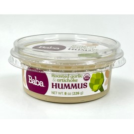 Baba Organic Hummus (8 oz) - USDA Organic, Gluten Free, Vegan, Non-GMO, Cholesterol Free, Zero Preservatives (Roasted Garlic & Artichoke Hummus)
