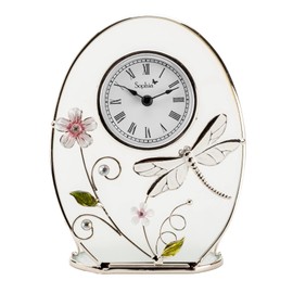 Widdop Glass Floral Mantel Table Clock w/Dragonfly Handpainted 16cm