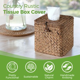 S310 Tissue Box Cover Square, Woven Tissue Box Holder with Lid, Farmhouse Seagrass Tissue Box Decorative Facial Cube Tissue Cover for Bathroom Office Table, Brown