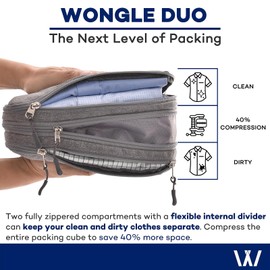 TWO-Compartment Compression Packing Cubes - WONGLE DUO 4 pc Set Travel Organizer Compressible Packing Cubes for Suitcases, Luggage Organizer Bags, Bedbug Protection, Travel Accessories (Grey)