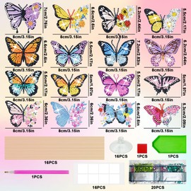 Druuzyl 16 Stück Diamantmalerei-Schmetterlings-Set, DIY-Diamant-Schmetterlings-Dekoration, Diamantmalerei-Kunsthandwerksset für Kinder und Erwachsene, Geschenk für Kinder und Mütter.