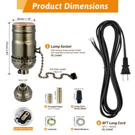Lamp Repair Socket Kit,Pull chain ON/OFF switch Socket for DIY Lamp with 8 feet Matching Cord and Essential Hardware, Table Lamp Rewiring Kit for Vintage Lamps or DIY Lighting Fixtures (Antique Brass)