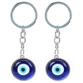 Luqeeg Pack of 2 Turkish Blue Evil Eye Keyrings, Craft Glass Key Charm Holder with Key Fob, Ornament Jewellery Amulet, Crystal Accessories, Lucky Gift for Women