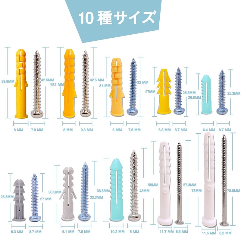 10 Different Sizes, 200 pcs, Board Anchor, Screw Set, Hollow