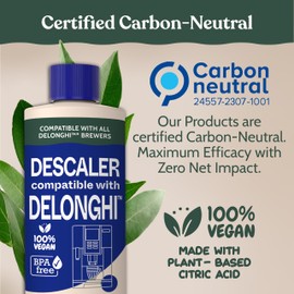 DeLonghi Compatible Descaling Solution. Clean & Descale your DeLonghi Coffee Maker. Single Bottle. Eco-Friendly Concentrated Formula. Carbon Neutral Cleaner Descaler Solution