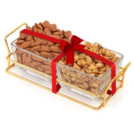 Nuts Gift Basket, Luxurious and Elegant 2 Sectional Premium Reusable Glass Tray, Perfect Holiday Food Gift Basket for Christmas and Everyday Gifting
