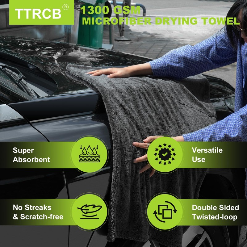 TTRCB 2 Pack 1300 GSM Car Drying Towel, Microfiber Towels
