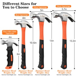 16oz Claw Hammer, Straight Rip Claw Hammer, Fiberglass General Purpose Claw Hammer with Smooth Face & Non -slip Grip(16oz Claw Hammer)