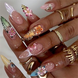 IMRAIN IMRAIN Almond Press on Nails Medium French Tip Fake Nails with 3D Flower Design Colorful Stiletto False Nails Summer Glossy Glue on Nails Acrylic Artificial Nail Supplies 24Pcs Stick on Nails