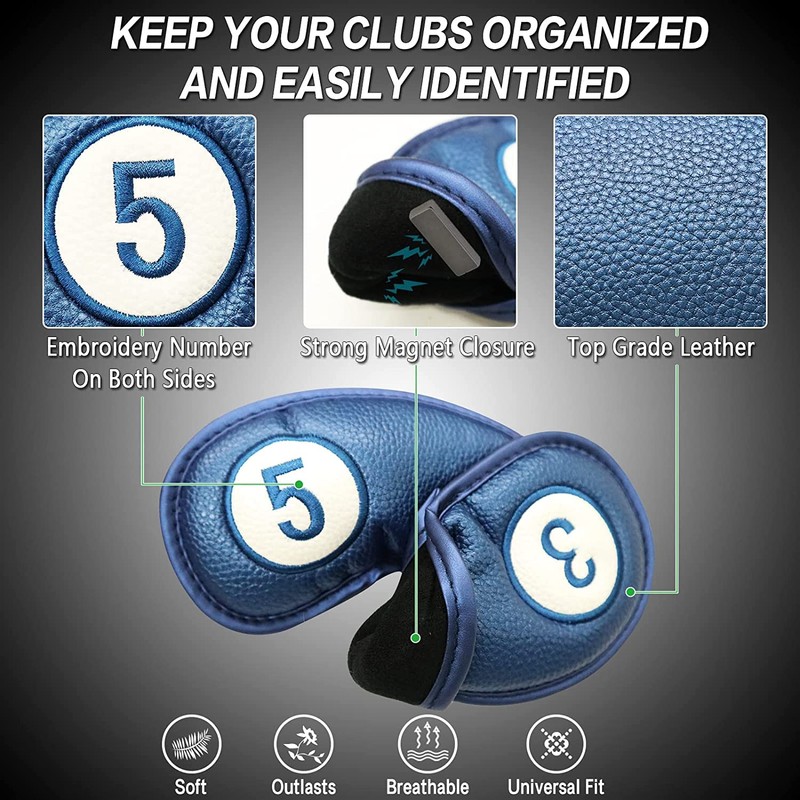 Golf Club Head Covers for Irons Magnetic Closure Leather Both