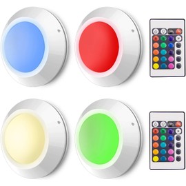 HONWELL Push Lights, LED Puck Lights with Remote, Battery Operated Under Cabinet Lighting,Cordless RGB Color Changing Touch Fairy Light with Dimmer, Stick on Light for Closet Classroom Shelf