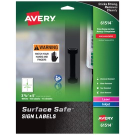 Avery Removable Label Safety Signs, 3-1/2" x 5", Water/Chemical Resistant, 60 Printable Labels (61514)