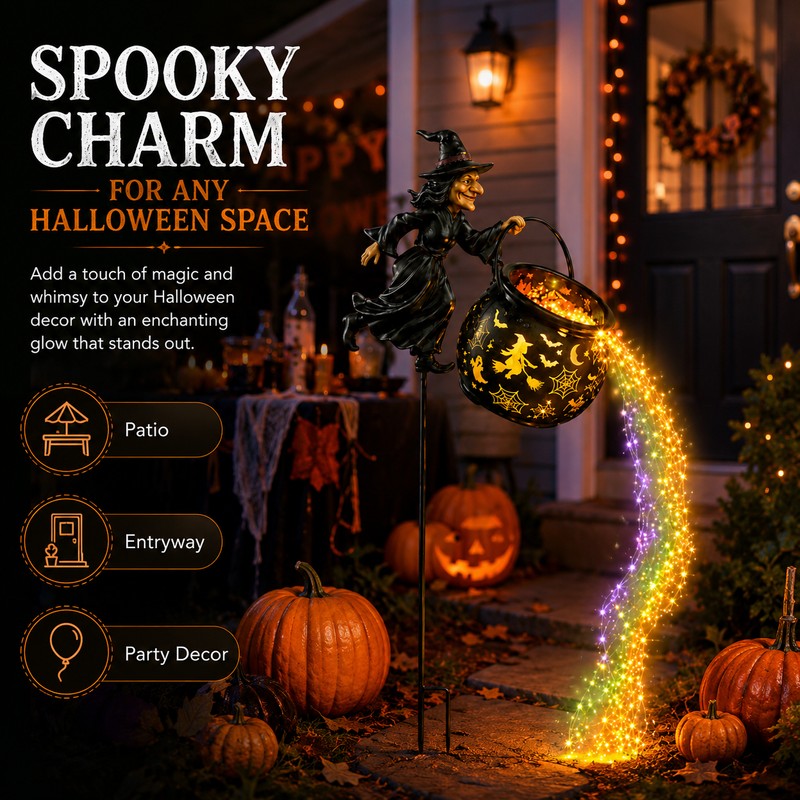 Halloween Witch Cauldron Garden Light for Outdoor Decor – Warm