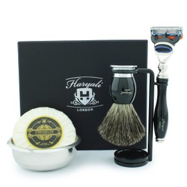 Haryali London 5 Pc Mens Shaving Kit 5 Edge Safety Razor with Black Badger Hair Shaving Brush, Stand, Soap and Bowl Perfect Set for Men