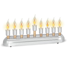 Aviv Judaica Contemporary Electric Hanukkah Menorah Stainless Steel Hanukkiah with Flickering Bulbs Horizontal Electronic Minorah for Chanukah Flameless Candles or Hanukkah Lights Decorations