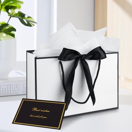 GHVACZS Pack of 4 Gift Bags, Gift Bag with Ribbons + 4 Greeting Cards + 8 Handkerchiefs, Gift Bag, Suitable for Birthdays, Weddings, Celebrations (Whiteblack)
