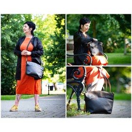 LECONI shoulder woman handbag vintage style leisure bag cross-body used-look genuine cow leather bag 36x27x8cm black LE3050-wax