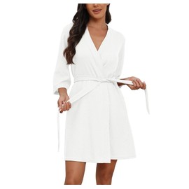 PrinStory Women Short Waffle Dressing Gowns Lightweight Robes Ladies Loungewear Sleepwear (White, L)