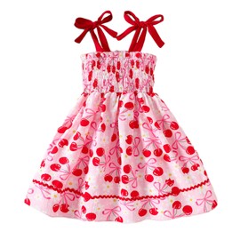 Kids Toddler Baby Girl Summer Outfit Cherry Smocked Dress Spaghetti Strap Sleeveless Floral Bow A-line Dress Clothes (Pink, 2-3 Years)